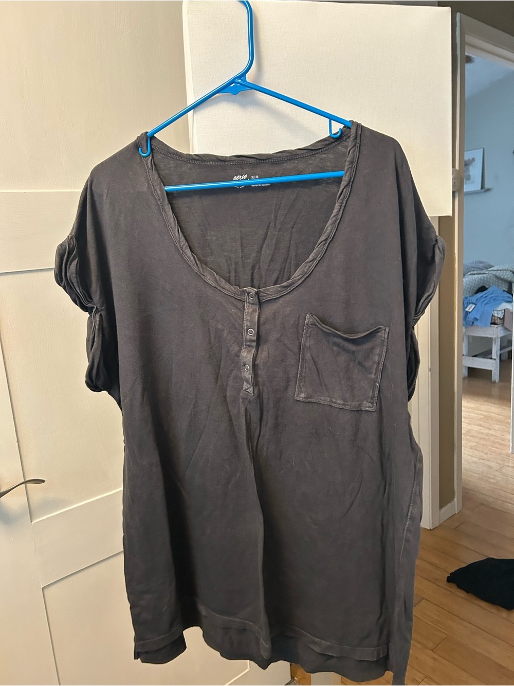 Washed Black Short Sleeve Pocket Henley Top